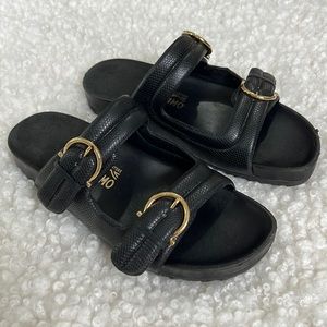 Salvatore Ferragamo leather moro double buckle gold hardware slip on sandals 8.5